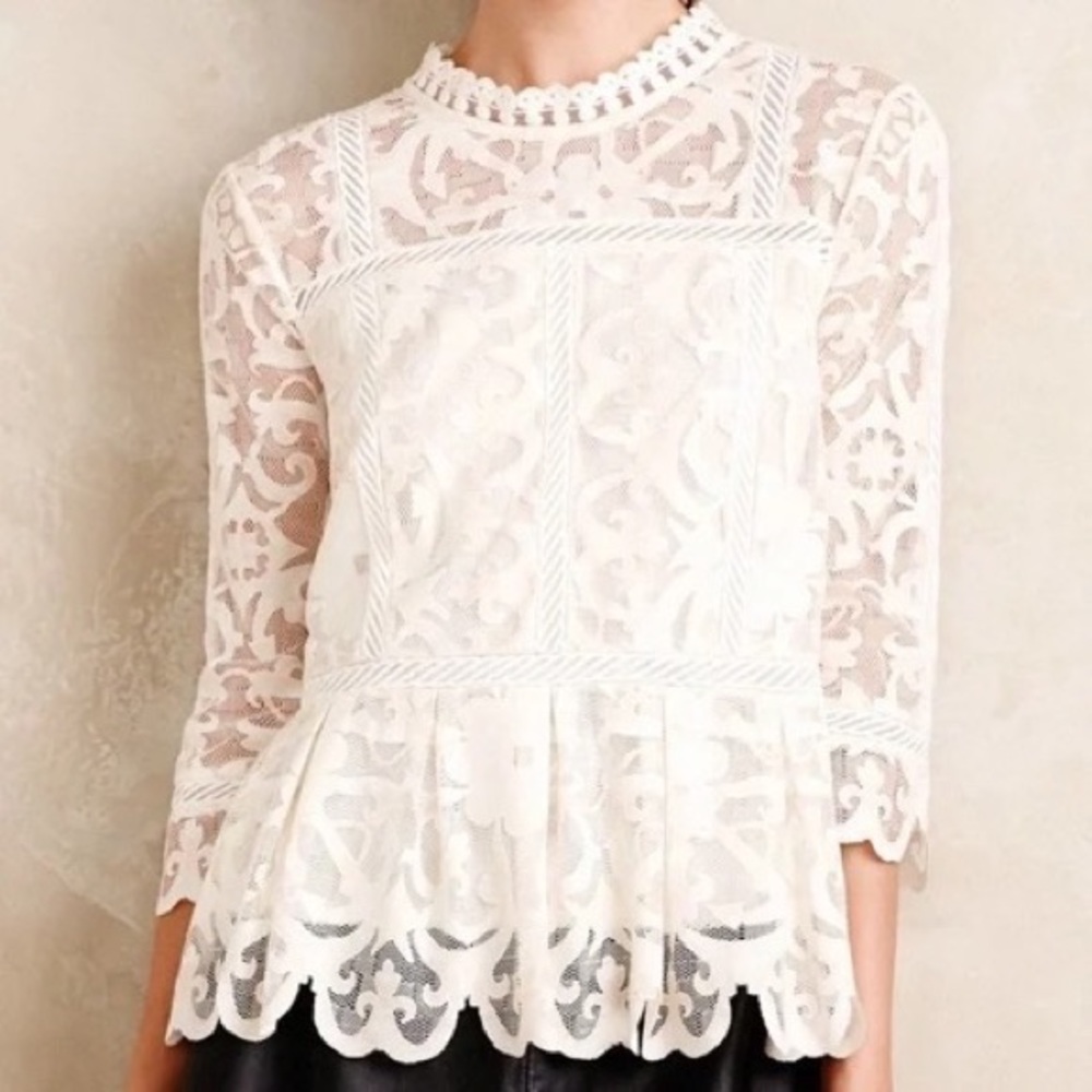 Anthropologie HD in Paris Ivory Nautical Lace Peplum Blouse